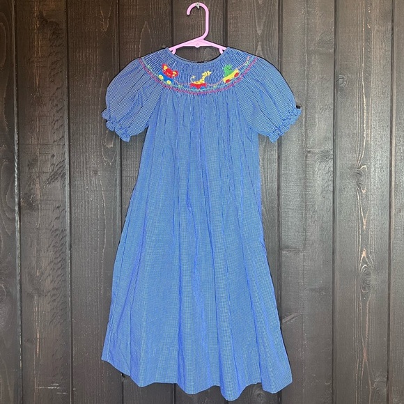 Anavini Hand Smocked Blue Checkered  Dress Long Girls Sz 5 Zoo Animals EUC. - Picture 3 of 9